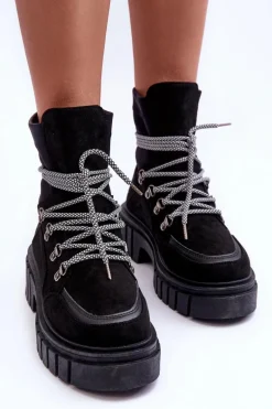Damskie Zamszowe Botki Sznurowane Czarne Acorn