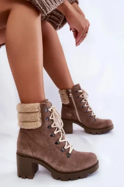 Damskie Zamszowe Botki Sznurowane Na Obcasie Brązowe Lemar Fenya