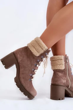 Damskie Zamszowe Botki Sznurowane Na Obcasie Brązowe Lemar Fenya