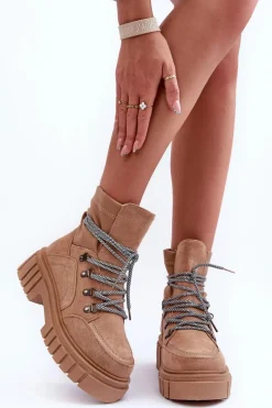 Damskie Zamszowe Botki Sznurowane Ciemnobeżowe Acorn