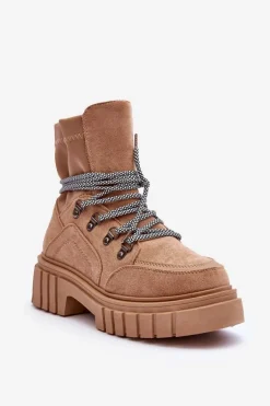 Damskie Zamszowe Botki Sznurowane Ciemnobeżowe Acorn