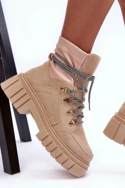 Damskie Zamszowe Botki Sznurowane Beżowe Acorn
