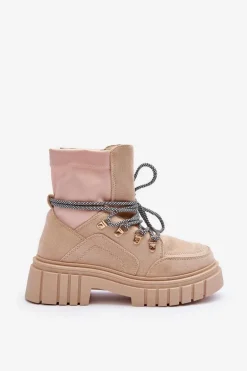Damskie Zamszowe Botki Sznurowane Beżowe Acorn