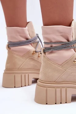 Damskie Zamszowe Botki Sznurowane Beżowe Acorn