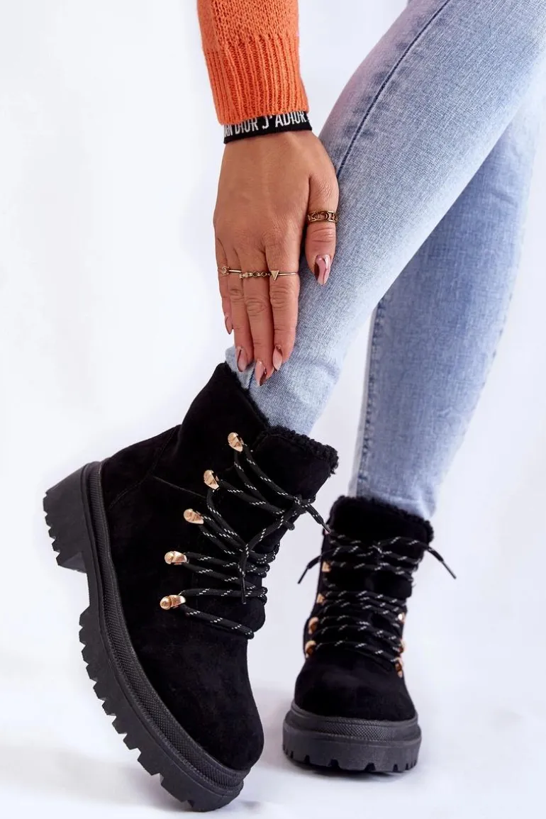 Damskie Zamszowe Botki Trapery Czarne Bellita