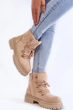 Damskie Zamszowe Botki Trapery Beżowe Bellita