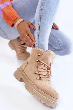 Damskie Zamszowe Botki Trapery Beżowe Bellita