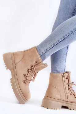 Damskie Zamszowe Botki Trapery Beżowe Bellita