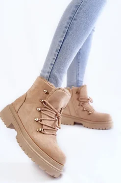 Damskie Zamszowe Botki Trapery Beżowe Bellita