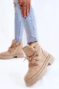 Damskie Zamszowe Botki Trapery Beżowe Bellita