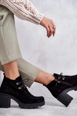 Damskie Zamszowe Botki Wiązane Czarne Lemar Marianne