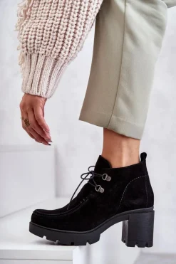 Damskie Zamszowe Botki Wiązane Czarne Lemar Marianne