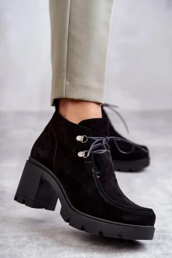 Damskie Zamszowe Botki Wiązane Czarne Lemar Marianne