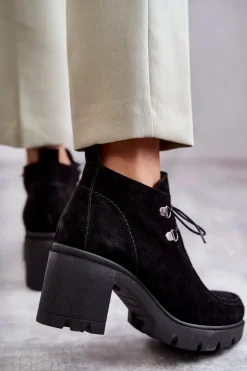 Damskie Zamszowe Botki Wiązane Czarne Lemar Marianne