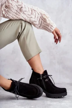 Damskie Zamszowe Botki Wiązane Czarne Lemar Marianne