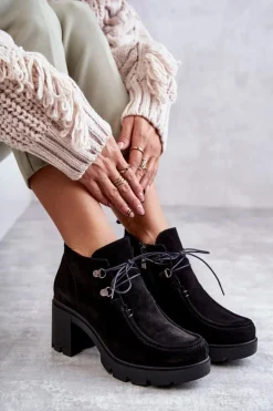 Damskie Zamszowe Botki Wiązane Czarne Lemar Marianne