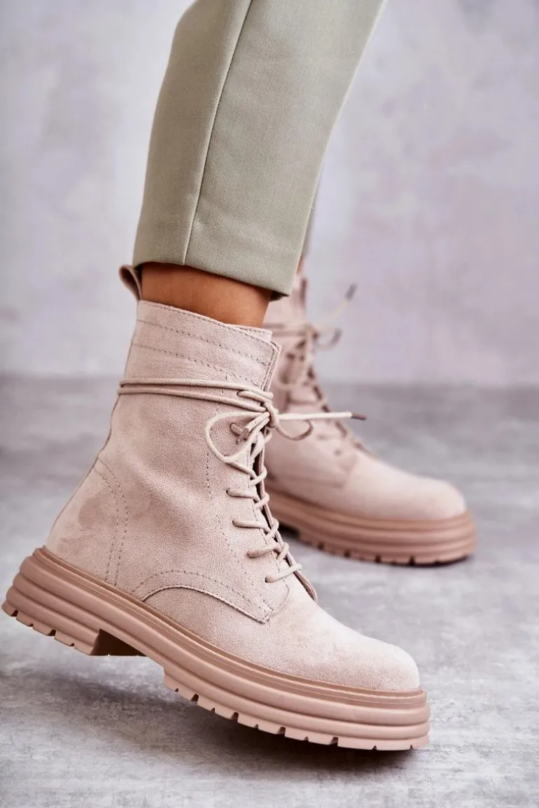 Damskie Zamszowe Botki Wiązane Beżowe Afra