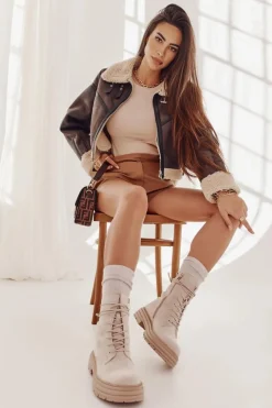 Damskie Zamszowe Botki Wiązane Beżowe Afra