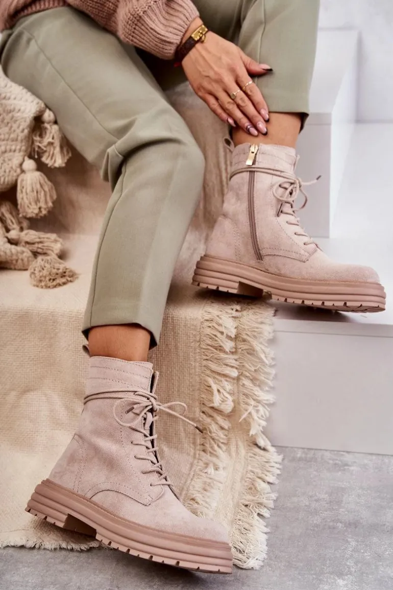 Damskie Zamszowe Botki Wiązane Beżowe Afra