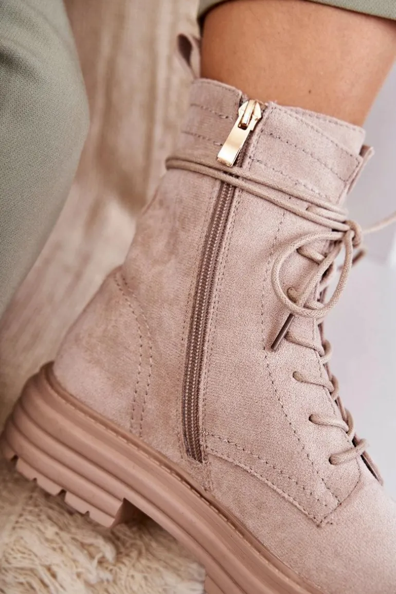 Damskie Zamszowe Botki Wiązane Beżowe Afra