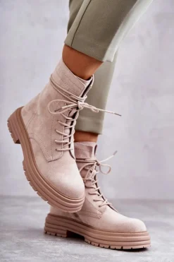 Damskie Zamszowe Botki Wiązane Beżowe Afra