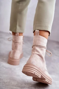 Damskie Zamszowe Botki Wiązane Beżowe Afra