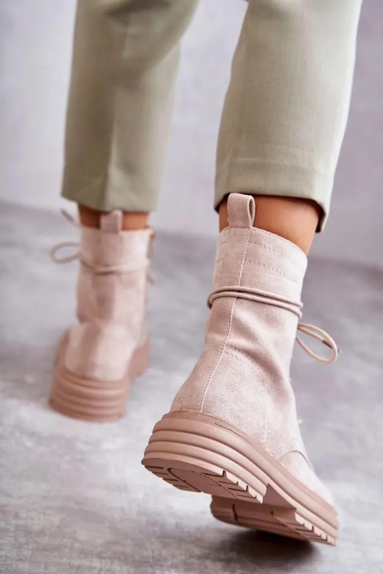 Damskie Zamszowe Botki Wiązane Beżowe Afra