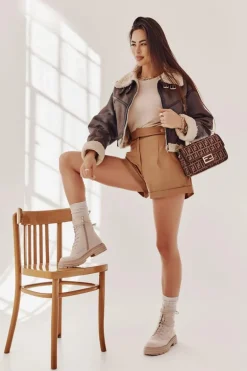 Damskie Zamszowe Botki Wiązane Beżowe Afra