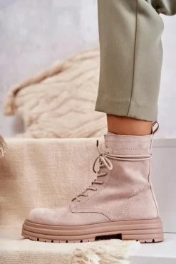 Damskie Zamszowe Botki Wiązane Beżowe Afra