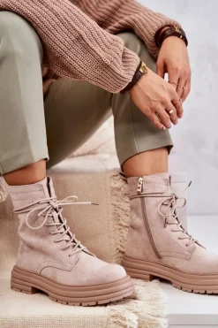 Damskie Zamszowe Botki Wiązane Beżowe Afra