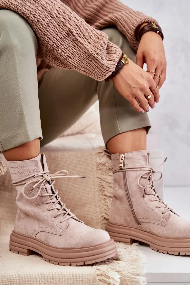 Damskie Zamszowe Botki Wiązane Beżowe Afra