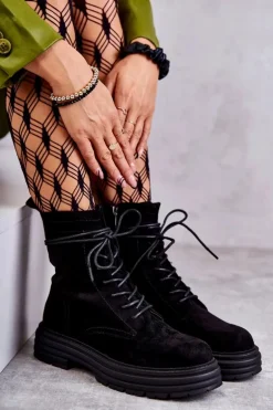 Damskie Zamszowe Botki Wiązane Czarne Afra