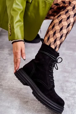 Damskie Zamszowe Botki Wiązane Czarne Afra