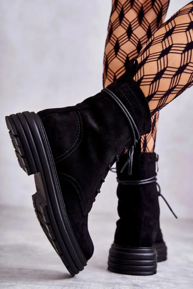 Damskie Zamszowe Botki Wiązane Czarne Afra