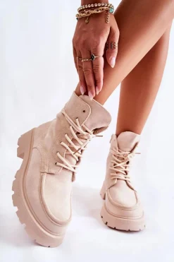 Damskie Zamszowe Botki Wiązane Beżowe Vanita