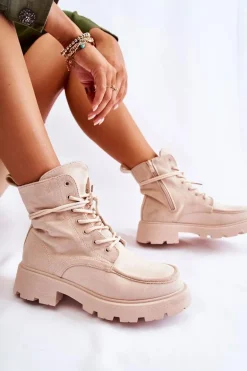 Damskie Zamszowe Botki Wiązane Beżowe Vanita