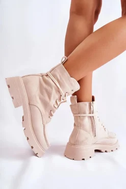 Damskie Zamszowe Botki Wiązane Beżowe Vanita
