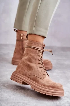 Damskie Zamszowe Botki Wiązane Camel Afra