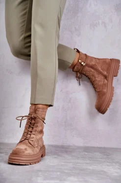 Damskie Zamszowe Botki Wiązane Camel Afra