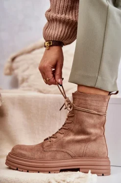 Damskie Zamszowe Botki Wiązane Camel Afra