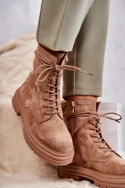 Damskie Zamszowe Botki Wiązane Camel Afra