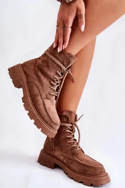 Damskie Zamszowe Botki Wiązane Brązowe Vanita