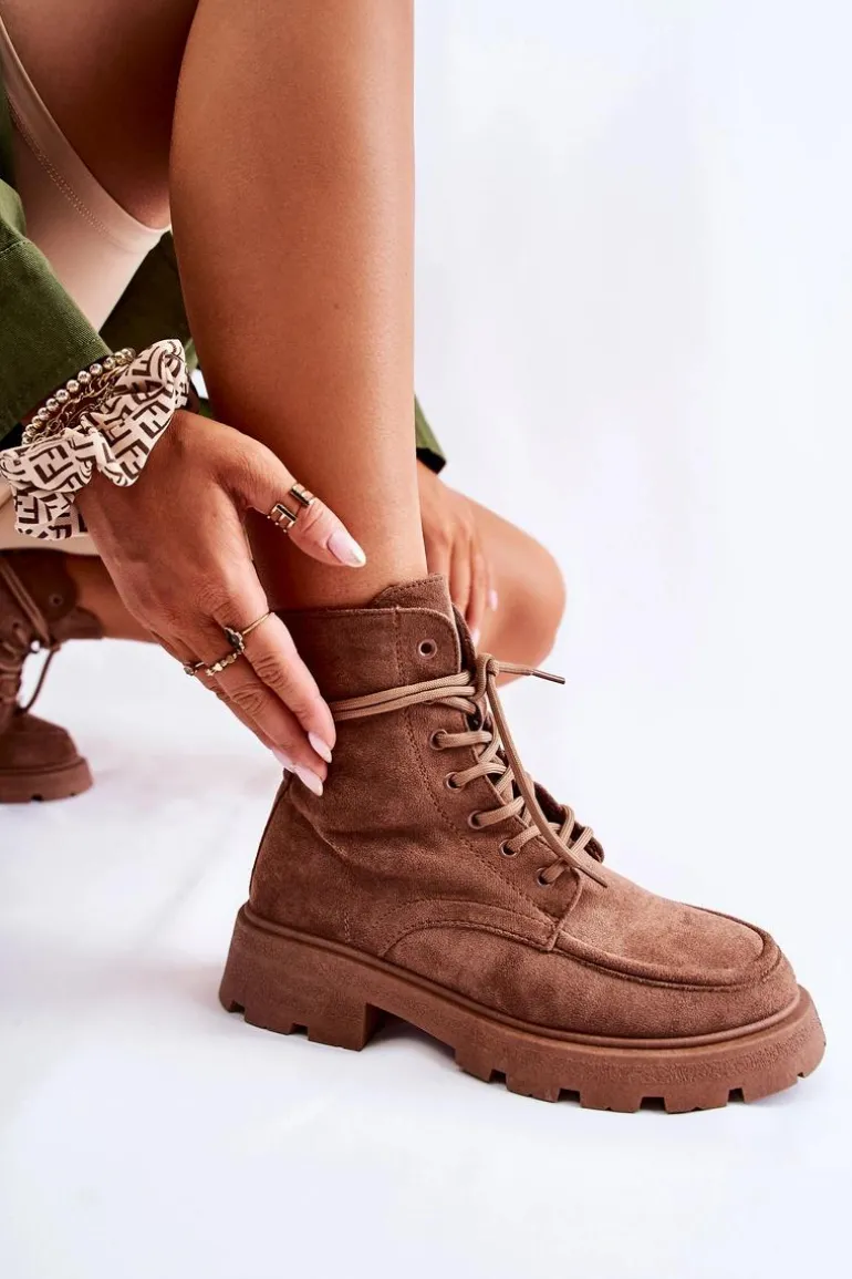 Damskie Zamszowe Botki Wiązane Brązowe Vanita