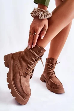 Damskie Zamszowe Botki Wiązane Brązowe Vanita
