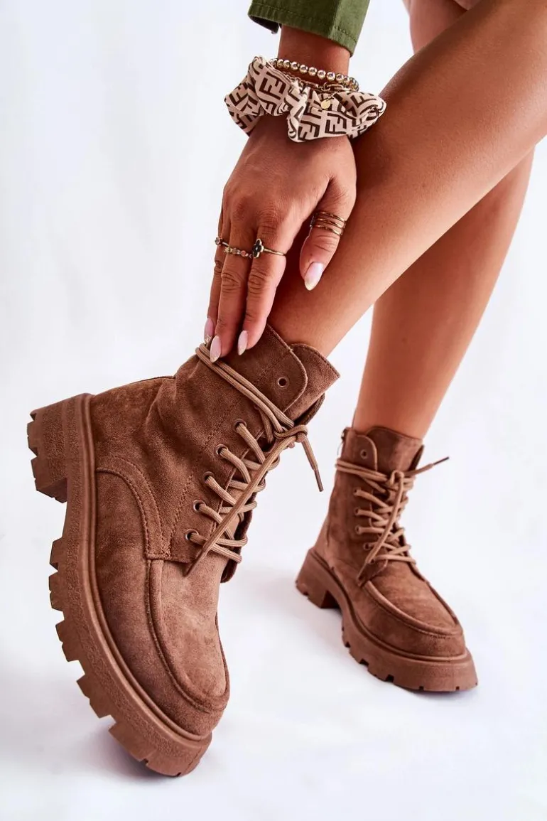 Damskie Zamszowe Botki Wiązane Brązowe Vanita