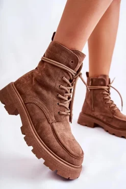 Damskie Zamszowe Botki Wiązane Brązowe Vanita