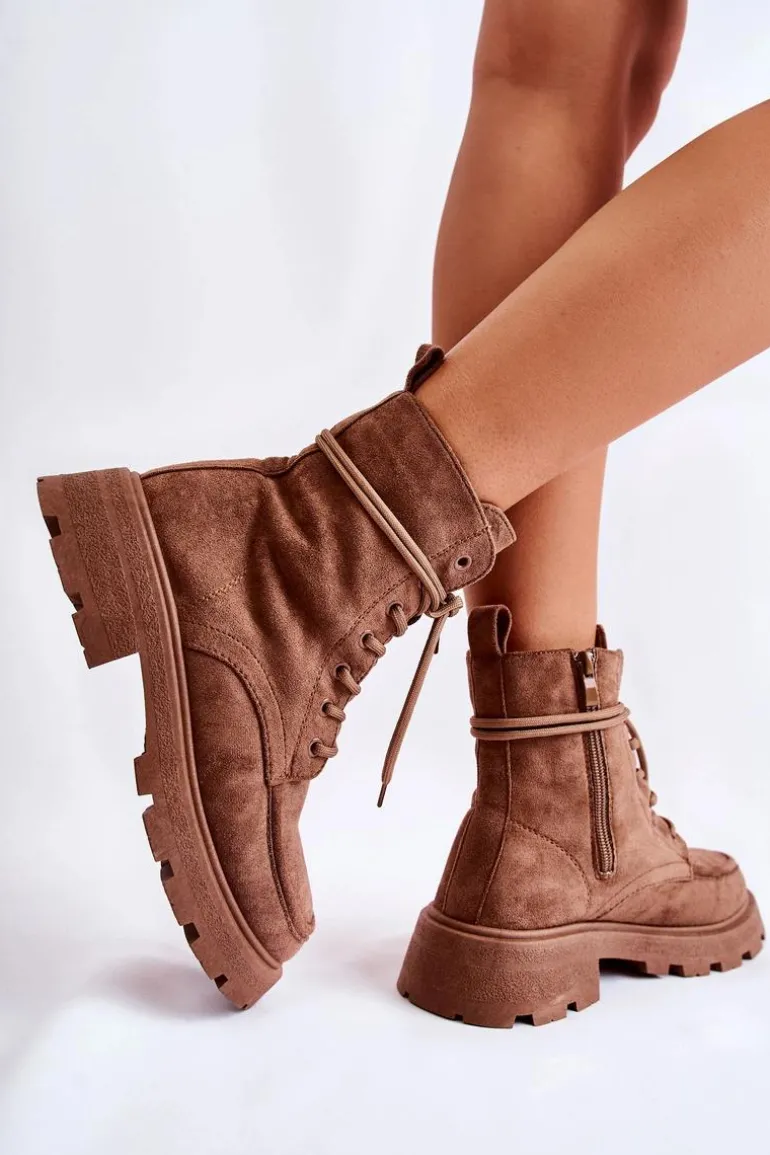 Damskie Zamszowe Botki Wiązane Brązowe Vanita