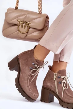 Damskie Zamszowe Botki Wiązane Jasnobrązowe Lemar Marianne