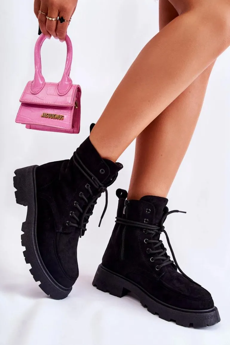 Damskie Zamszowe Botki Wiązane Czarne Vanita