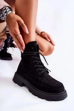 Damskie Zamszowe Botki Wiązane Czarne Vanita